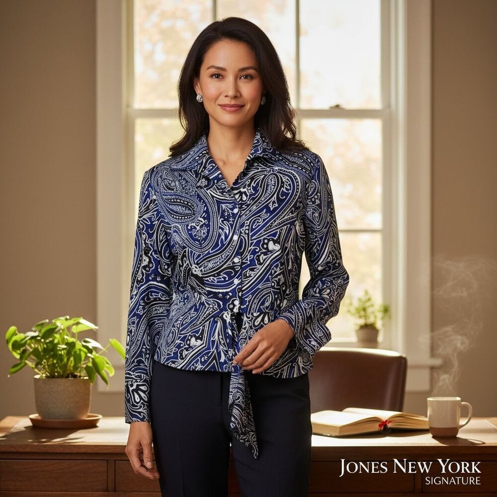 Jones New York Signature Blue & Black Paisley Blouse Pearl Buttons Waist Tie